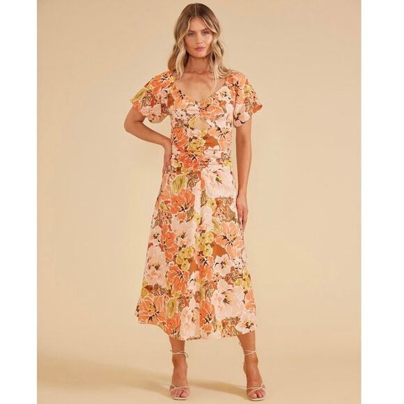 NWT MinkPink Tahlia Midi Dress Small Orange Pink Floral Print Linen Blend Party - Picture 1 of 11